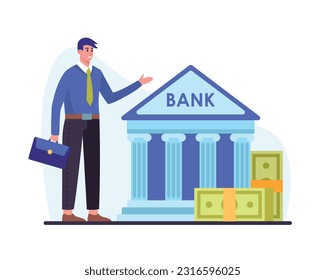 Monetary investment. Entrepreneur standing near banking institution. Cheerful young businessman with briefcase in hand pointing at bank building. Flat vector illustration