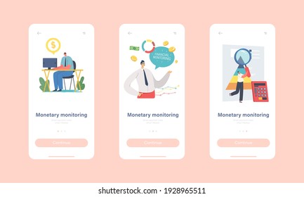 Monetary Monitoring Mobile App Page Onboard Screen Template. Business People Financial Analytics Report Performance with Statistics Data. Characters Money Analysis Concept. Cartoon Vector Illustration