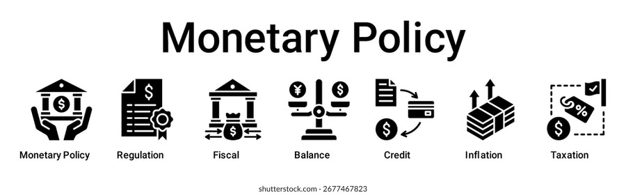 Concepto de Ilustración vectorial de ícono de Web de Anuncio de política monetaria para empresas con ícono de política monetaria, regulación, fiscal, saldo, crédito, inflación.