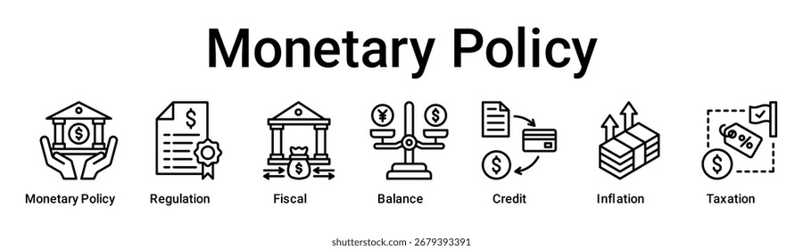 Monetary Policy banner web icon vector illustration concept for business with icon of Monetary policy, Regulation, Fiscal, Balance, Credit, Inflation.