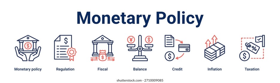 Concepto de Ilustración vectorial de ícono de Web de Anuncio de política monetaria para empresas con ícono de política monetaria, regulación, fiscal, saldo, crédito, inflación.