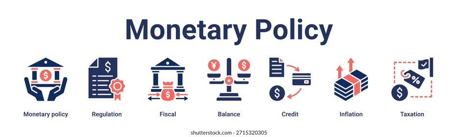 Concepto de Ilustración vectorial de ícono de Web de Anuncio de política monetaria para empresas con ícono de política monetaria, regulación, fiscal, saldo, crédito, inflación.