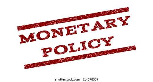 Monetary Policy watermark stamp. Text caption between parallel lines with grunge design style. Rubber seal stamp with dust texture. Vector dark red color ink imprint on a white background.