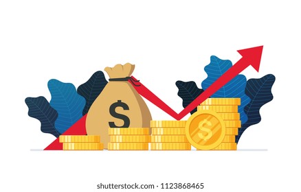 Monetary profit and growing red graph up. Economic growth, income from investments. Сoncept of business success