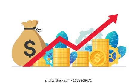 Monetary profit and growing red graph up. Economic growth, income from investments. Ð¡oncept of business success