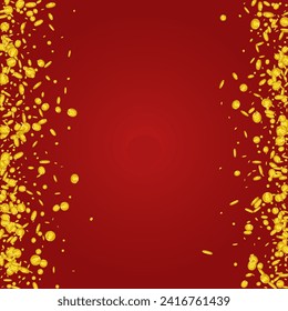 Monetary Shiny Coin Vector Red Background. Golden Money Fall Flyer. Gold Finance Poster. Scatter Jackpot Design.