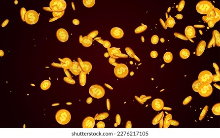 Fondo Rojo Del Vector De Confetti Dinámico Y Brillante. Afiche de la abundancia de la moneda de oro. Certificado de Metal Dollar. Afiche del Casino.