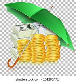 Monetary Stability, Success in Business and Protect against Inflation Concept. Umbrella protects Money. Isolated vector illustration on Transparent background