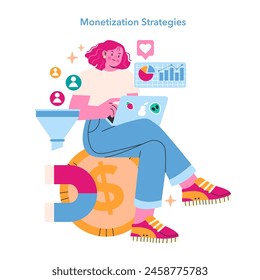 Monetization concept. Digital earnings through content marketing and audience engagement. Revenue generation in online businesses. Vector illustration.