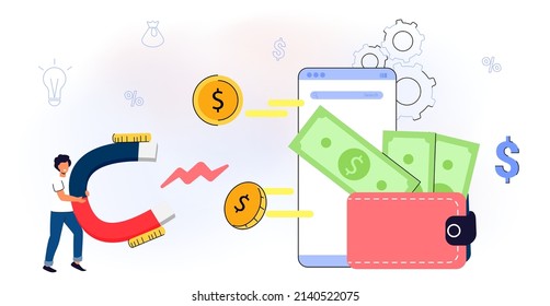 Monetization concept Flat tiny persons vector illustration Online e-commerce marketer analyzing blog content and generating income with ad placements and sponsor partnerships Monetize data services