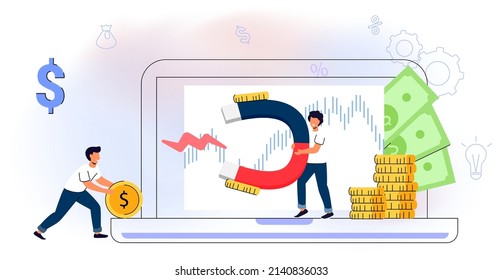 Monetization concept Flat tiny persons vector illustration Online e-commerce marketer analyzing blog content and generating income with ad placements and sponsor partnerships Monetize data services