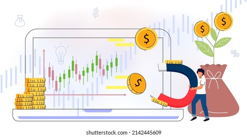 Monetization concept Flat tiny persons vector illustration Online e-commerce marketer analyzing blog content and generating income with ad placements and sponsor partnerships Monetize data services