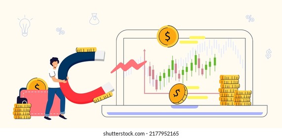Monetization concept Flat tiny persons vector illustration Online e-commerce marketer analyzing blog content and generating income with ad placements and sponsor partnerships. Monetize data services