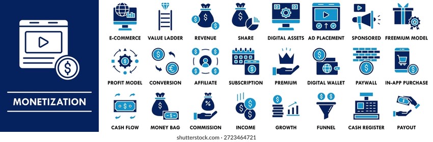 Monetización duotone icono conjunto de colecciones. Diseño que contiene monetización, ingresos, negocios, estrategia, marketing