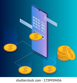 Monetization of Finance online.Isometric image of a smartphone and coins.The concept of paying for services online.Vector illustration.