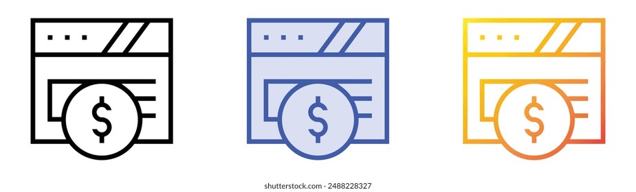 icono de monetización. Diseño de estilo de relleno lineal, azul y degradado aislado sobre fondo blanco