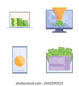 Monetization icons set cartoon vector. Way to make money online. Modern technology