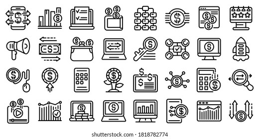 Monetization icons set. Outline set of monetization vector icons for web design isolated on white background