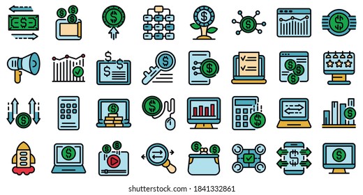 Monetization icons set. Outline set of monetization vector icons thin line color flat on white
