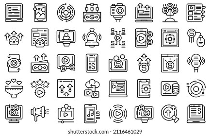 Los iconos de monetización establecen el vector de contorno. Sitio web de ingresos. Control remoto pasivo