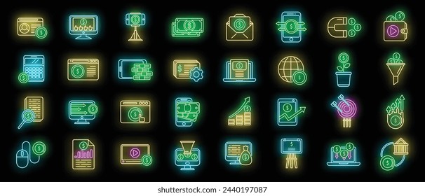 Monetization icons set outline vector. Data money. Business blog neon color isolated