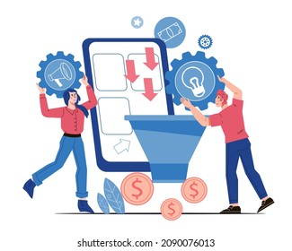 Monetization and Increasing conversion rates strategy. Attracting followers and sales funnel, SMM marketing strategy, flat vector illustration isolated on white background.