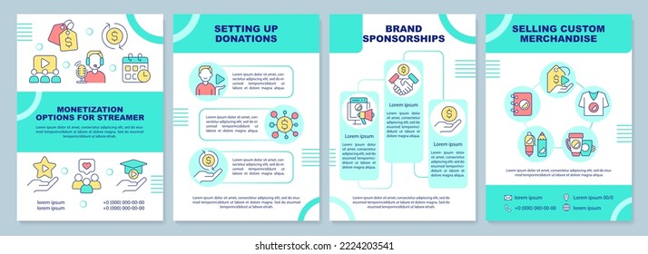 Monetization options for streamer brochure template. Leaflet design with linear icons. Editable 4 vector layouts for presentation, annual reports. Arial-Black, Myriad Pro-Regular fonts used