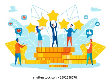 Monetization of Popularity in Social Network, Celebrating Company Financial Success Flat Vector Concept with Happy Business Team People Standing on Money, Proud of High Customers Rating Illustration