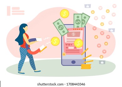 Monetization Of The Social Media Profile. Earn Money Online Flat Vector Illustration. Influencer Marketing Strategy And Marketing Investment Concept. Personal Brand Building And Creating Content