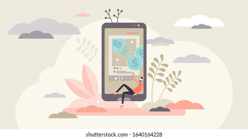 Monetization Of The Social Media Profile, Flat Tiny Person Vector Illustration Concept. Personal Brand Building And Creating Content Online. Influencer Marketing Strategy And Marketing Investment.