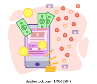 Monetization Of The Social Media Profile. Influencer Marketing Strategy And Marketing Investment Concept Flat Vector Illustration. Personal Brand Building And Creating Content Online. 