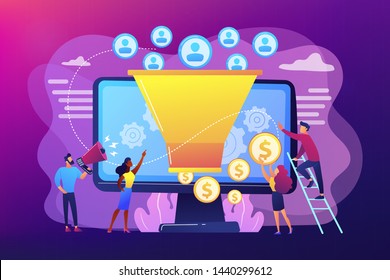 Monetization tips. Increasing conversion rates strategy. Attracting followers. Generating new leads, identify your customers, SMM strategies concept. Bright vibrant violet vector isolated illustration