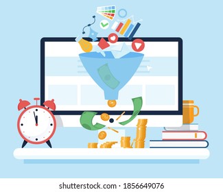 Consejos de monetización. Análisis de embudo de ventas, concepto de embudo de compra. Estrategias de SMM usando tecnologías de internet. Ilustración vectorial en estilo plano