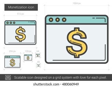 Icono de línea vectorial de monetización aislado en fondo blanco. Icono de línea de monetización para infografía, sitio web o aplicación. Icono escalable diseñado en un sistema de cuadrícula.