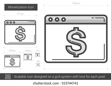 Monetization vector line icon isolated on white background. Monetization line icon for infographic, website or app. Scalable icon designed on a grid system.