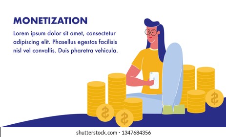 Monetization Vector Web Banner with Text Space. Passive Income. Woman with Smartphone. Artist, Blogger, Streamer. Freelancer Cartoon Character. Online, Internet Earning, Profit. Webinar