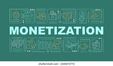 Monetarisierungs Wort Konzepte Grün Banner. Verdienen Sie Geld mit Inhalten. Infografiken mit linearen Symbolen auf dem Hintergrund. Alleinstehende Typografie. VektorfarbIllustration mit Text. Arial-Black-Schriftart verwendet