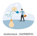 Monetize idea, earn money thinking, smart business watering on growing money coin seedling plant from light bulb idea.