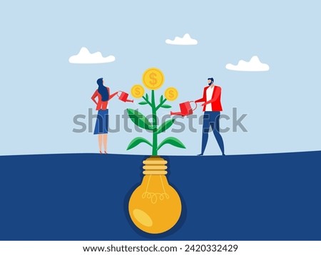 Monetize idea,businessman watering on growing money coin seedling plant from lightbulb idea metaphor of monetize idea. make profit from creativity or innovation.