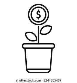 Monetizar vector de contorno de icono de planta. Aumento de los medios de comunicación. Estrategia monetaria