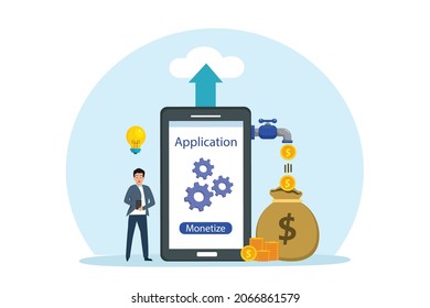 Monetize vector concept. Businessman thinking an idea while standing with monetize apps on the mobile phone