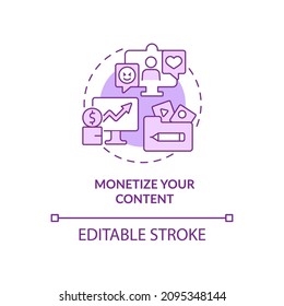 Monetize your content purple concept icon. Earn money from subscription abstract idea thin line illustration. Isolated outline drawing. Editable stroke. Roboto-Medium, Myriad Pro-Bold fonts used