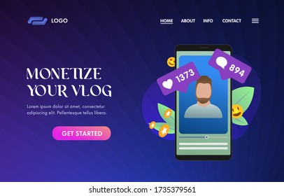 Monetize your vlog UI UX vector web template for website header, banner, slider or landing page.  Vertical video with bearded vlogger influencer on the phone screen that collected likes and comments.