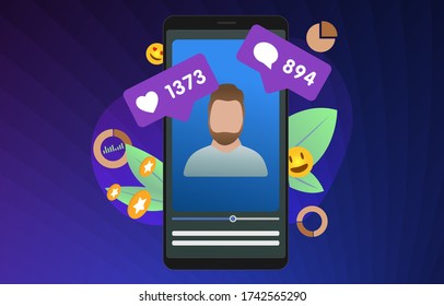 Monetizar la ilustración vlog vvector. Video vertical con un vlogger barbudo de influencia en la pantalla del smartphone. Crecimiento de la audiencia y aumento en el beneficio publicitario del concepto de blog.