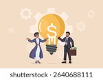 Monetizing Ideas: Professionals with Light Bulb and Dollar Sign, Symbolizing Financial Strategy, and Turning Concepts into Profit.