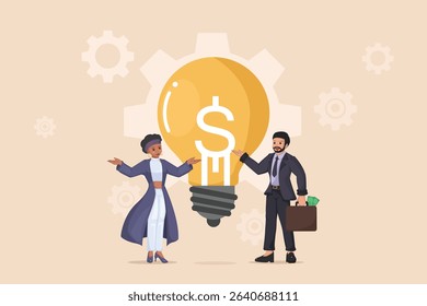 Monetizing Ideas: Professionals with Light Bulb and Dollar Sign, Symbolizing Financial Strategy, and Turning Concepts into Profit.