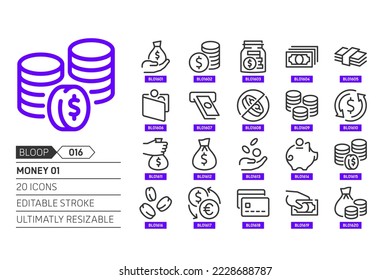 Geld 01 verwandt, Pixel perfekt, editierbarer Strich, nach oben skalierbar, Linie, Vektorbloop Symbol Set. 