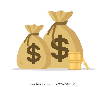 Money. 2 bags next to money and coins, coins in a flat design on a white background. Budget, fund, investment profit, income or asset, eps 10 vector illustration.