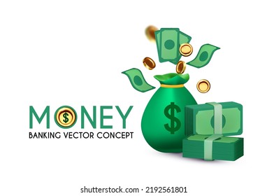Money. 3D cash, money bag, wads. flying coins and dollar bills isolated on white. Banking concept
