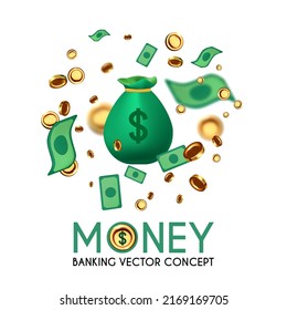 Money. 3D cash, flying coins, money bag and dollar bills isolated on white. Banking concept